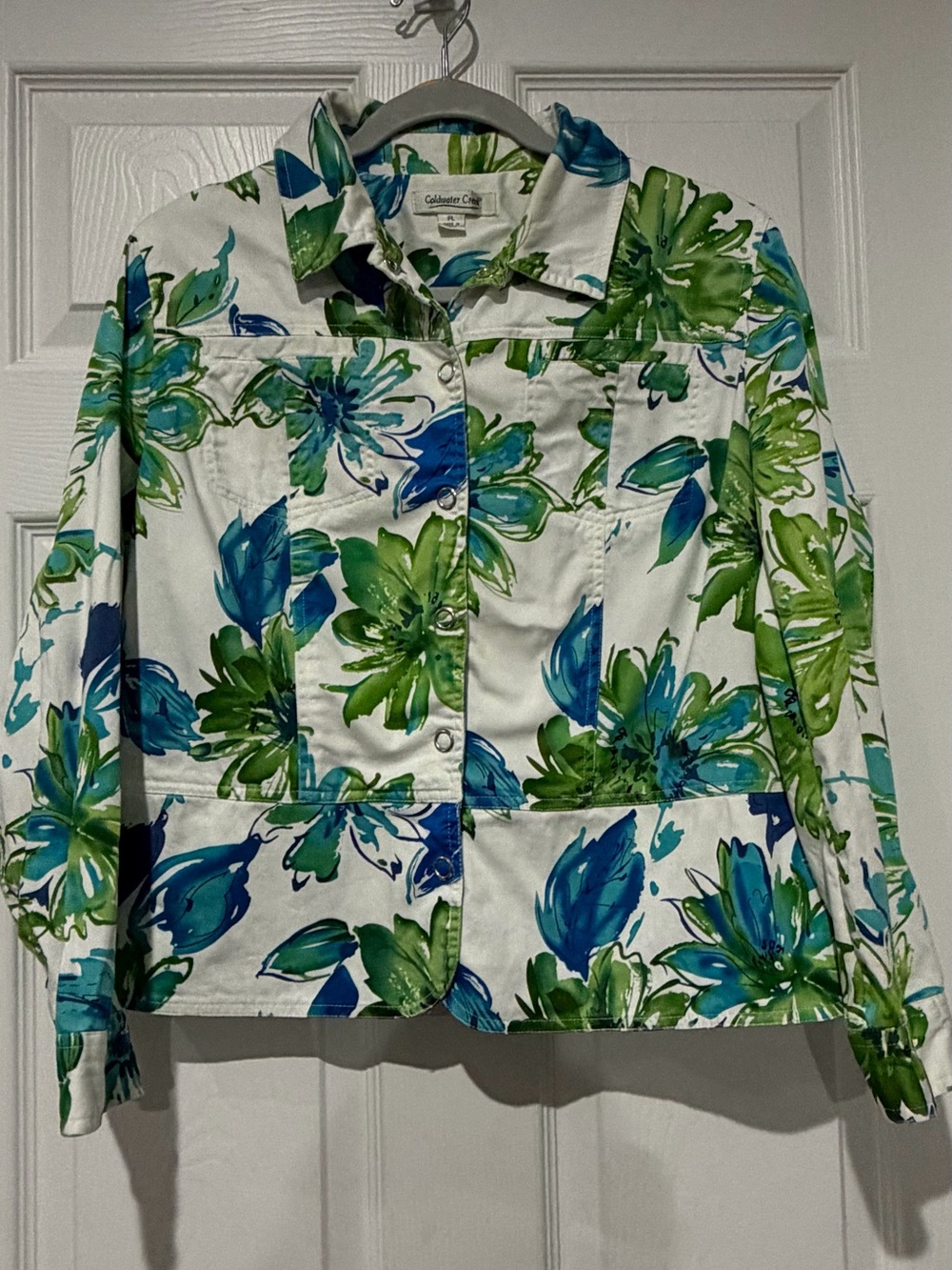 Coldwater Creek White Jacket with Blue & Green Floral Print